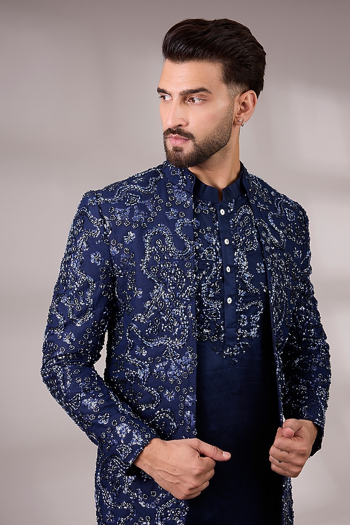Navy Blue Japanese Suiting Groom Indowestern Set by Ankit V Kapoor at Pernia's Pop Up Shop