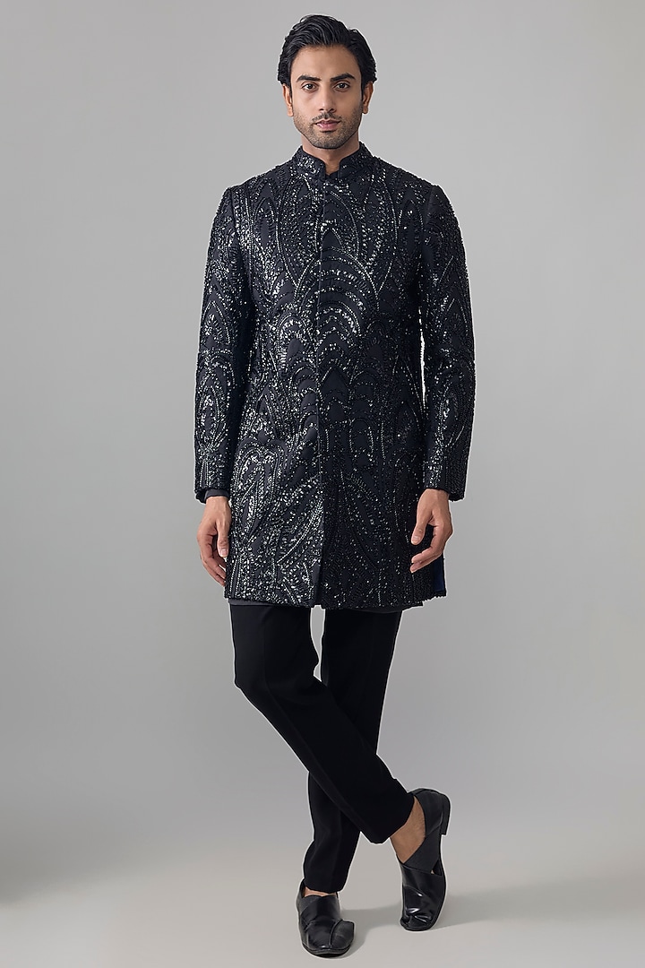 Black Japanese Suiting Embroidered Groom Indowestern Set by Ankit V Kapoor at Pernia's Pop Up Shop