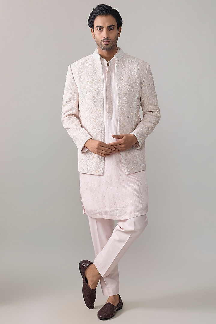 Powder Pink Georgette Embroidered Groom Indowestern Set by Ankit V Kapoor at Pernia's Pop Up Shop