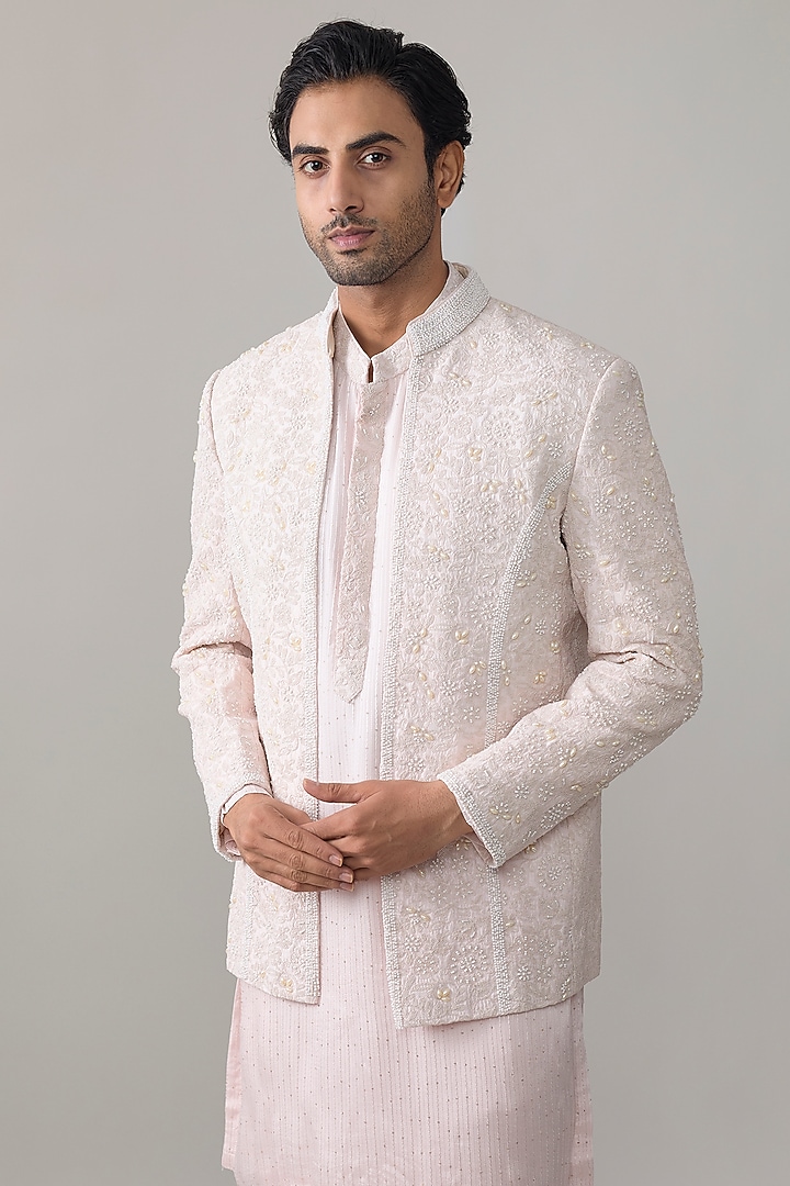 Powder Pink Georgette Embroidered Groom Indowestern Set by Ankit V Kapoor at Pernia's Pop Up Shop