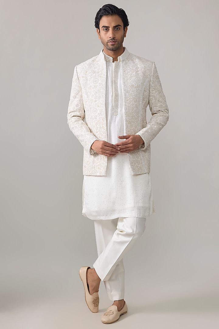 Ivory Georgette Embroidered Groom Indowestern Set by Ankit V Kapoor at Pernia's Pop Up Shop