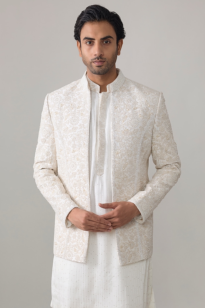 Ivory Georgette Embroidered Groom Indowestern Set by Ankit V Kapoor at Pernia's Pop Up Shop