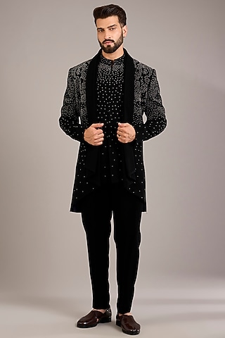 Black Japanese Suiting Indowestern Set by Ankit V Kapoor