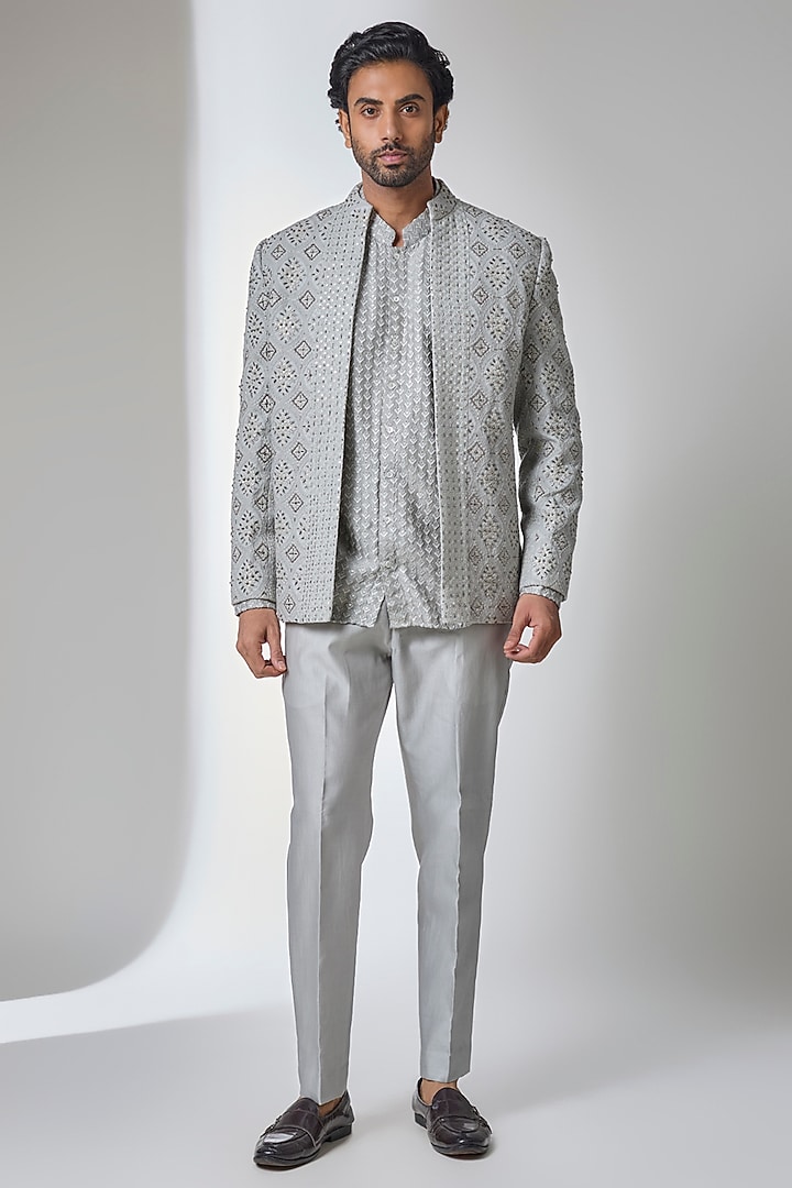 Grey Cotton Silk Groom Indowestern Set by Ankit V Kapoor at Pernia's Pop Up Shop
