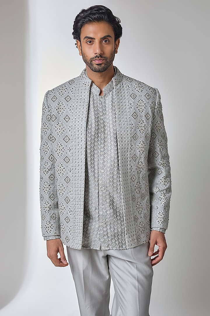Grey Cotton Silk Groom Indowestern Set by Ankit V Kapoor at Pernia's Pop Up Shop