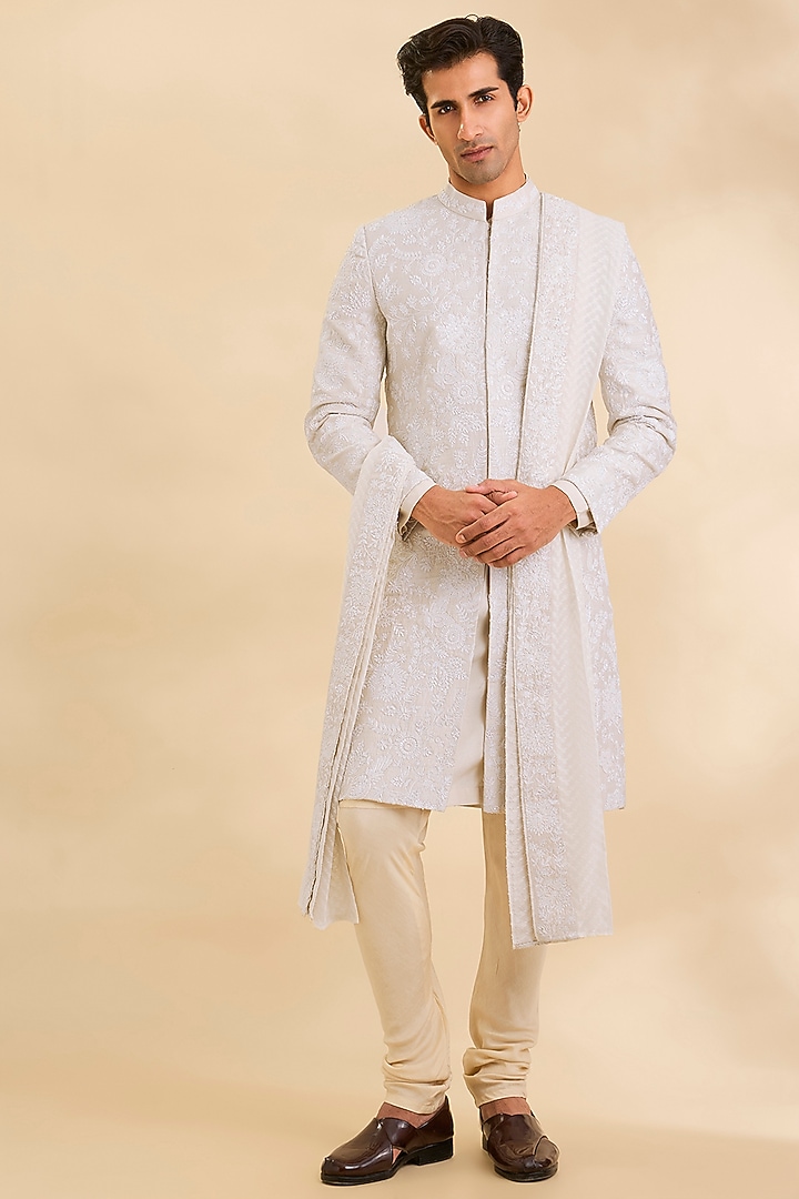 Ivory Pure Silk Groom Sherwani Set by Ankit V Kapoor at Pernia's Pop Up Shop