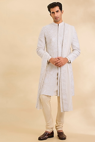 Ivory Pure Silk Sherwani Set by Ankit V Kapoor
