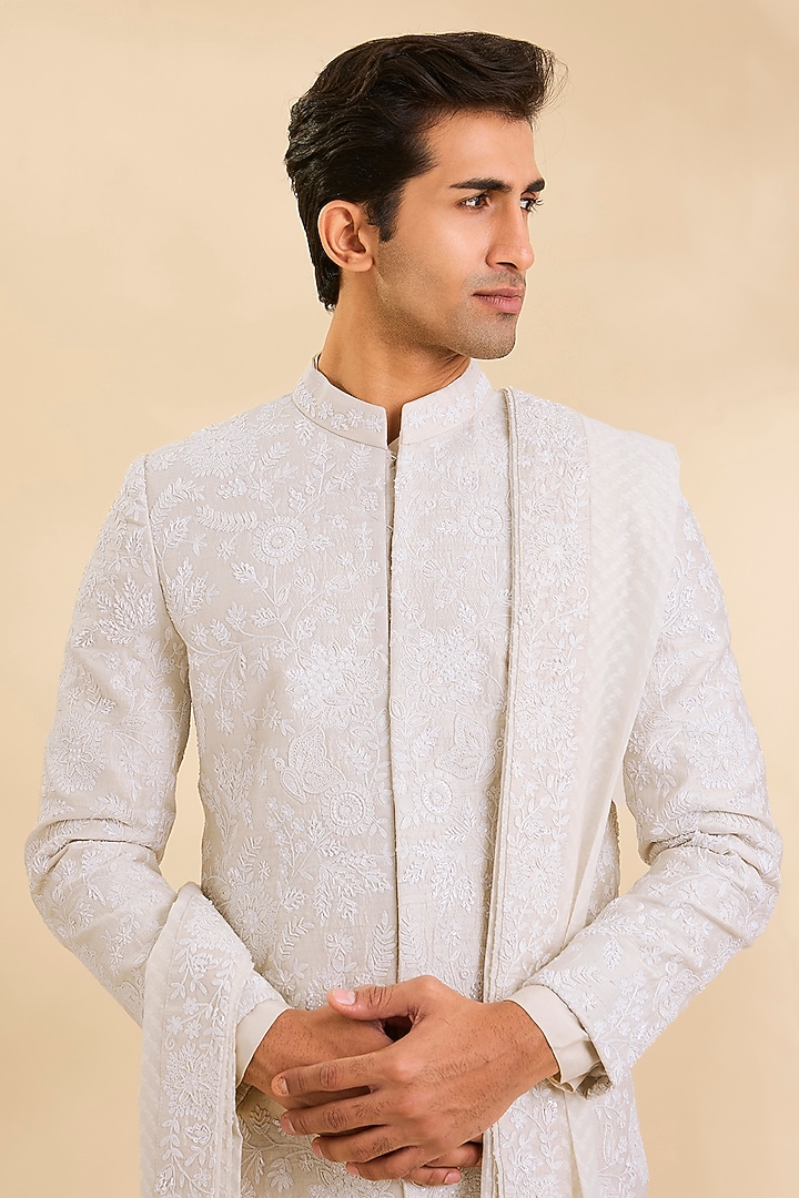 Ivory Pure Silk Groom Sherwani Set by Ankit V Kapoor at Pernia's Pop Up Shop
