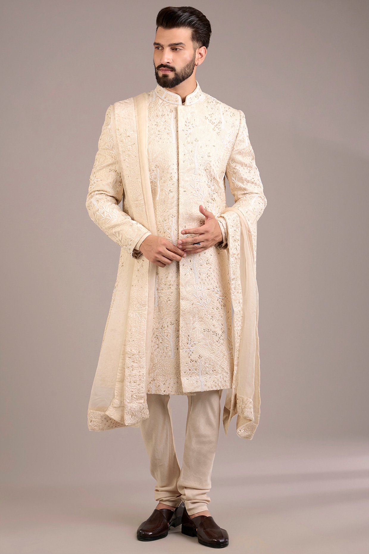 Ankit V Kapoor Dusty Rose Cotton Silk & Georgette Sherwani Set