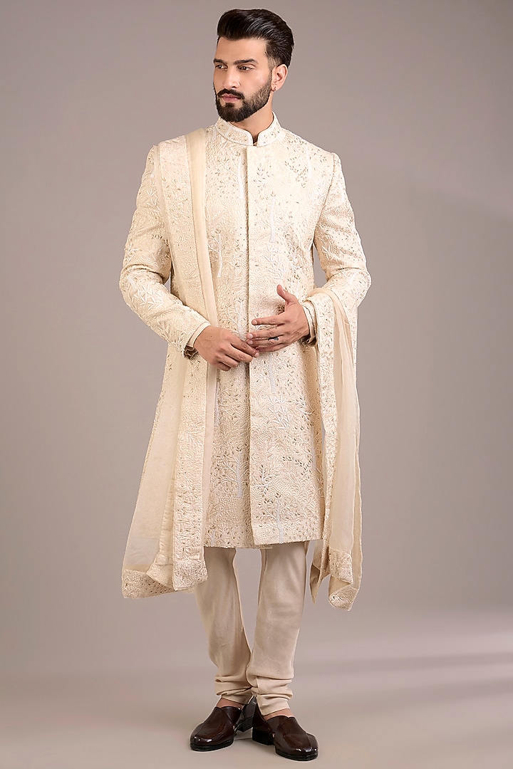 Dusty Rose Cotton Silk & Georgette Groom Sherwani Set by Ankit V Kapoor at Pernia's Pop Up Shop