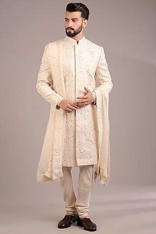Dusty Rose Cotton Silk & Georgette Sherwani Set by Ankit V Kapoor