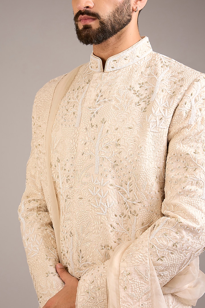 Dusty Rose Cotton Silk & Georgette Groom Sherwani Set by Ankit V Kapoor at Pernia's Pop Up Shop