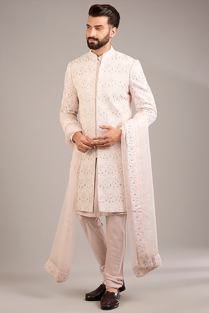 Champagne Cotton Silk & Georgette Groom Sherwani Set by Ankit V Kapoor at Pernia's Pop Up Shop