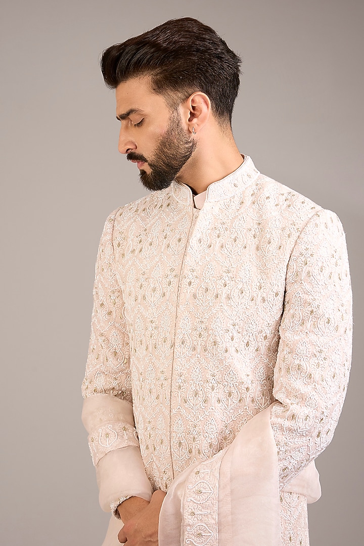 Champagne Cotton Silk & Georgette Groom Sherwani Set by Ankit V Kapoor at Pernia's Pop Up Shop