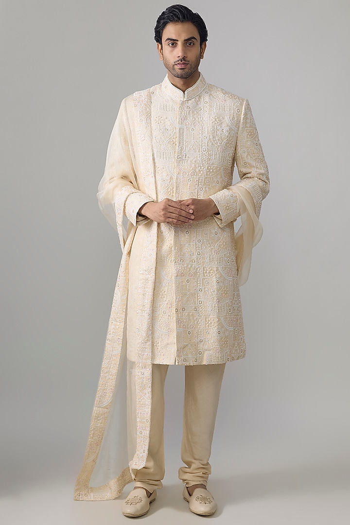 Champagne Georgette Embroidered Groom Sherwani Set by Ankit V Kapoor at Pernia's Pop Up Shop