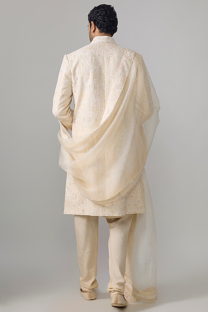Champagne Georgette Embroidered Groom Sherwani Set by Ankit V Kapoor at Pernia's Pop Up Shop