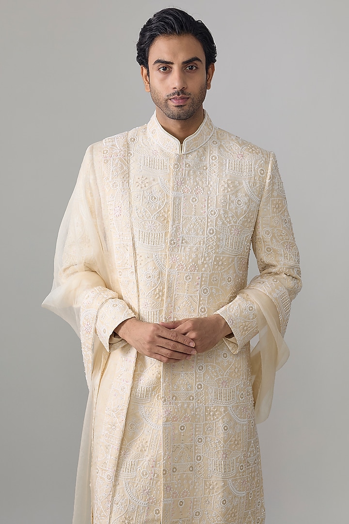 Champagne Georgette Embroidered Groom Sherwani Set by Ankit V Kapoor at Pernia's Pop Up Shop