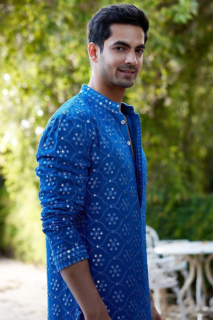 Azure Blue Georgette Embroidered Kurta Set by Ankit V Kapoor at Pernia's Pop Up Shop