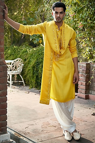 Mustard Yellow Linen Cotton Silk Embroidered Kurta Set  by Ankit V Kapoor