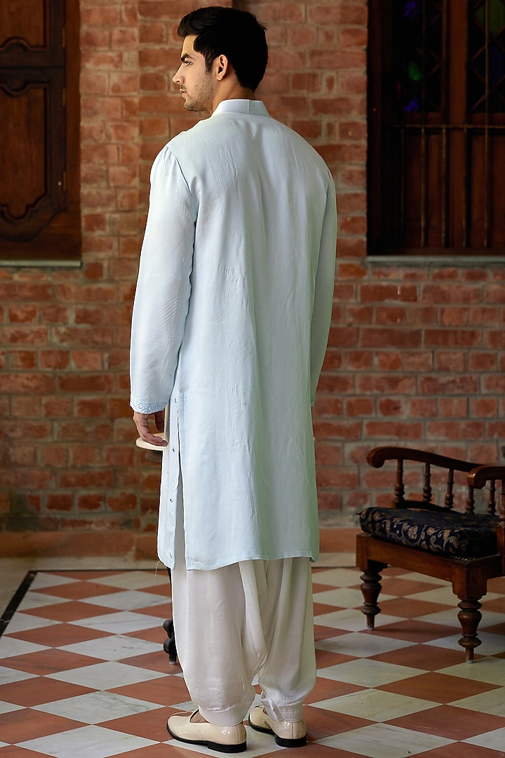 Powder Blue Pashmina Silk Satin Embroidered Kurta Set by Ankit V Kapoor at Pernia's Pop Up Shop