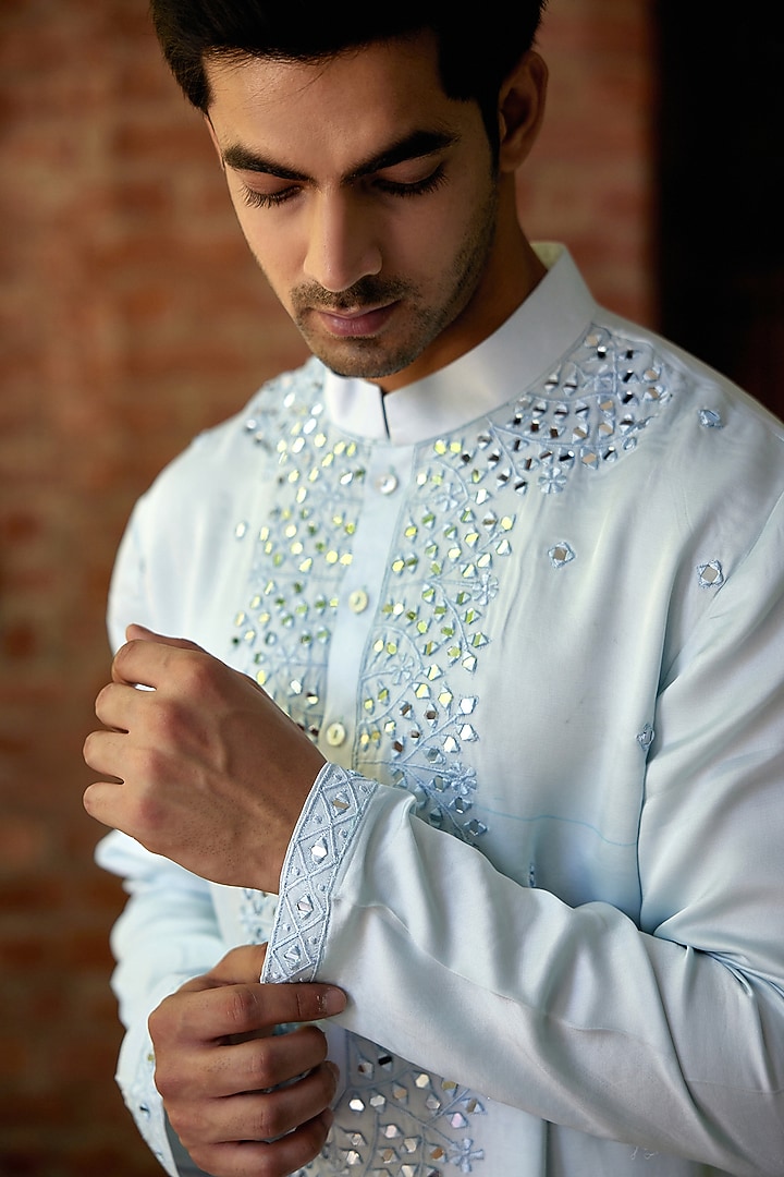 Powder Blue Pashmina Silk Satin Embroidered Kurta Set by Ankit V Kapoor at Pernia's Pop Up Shop