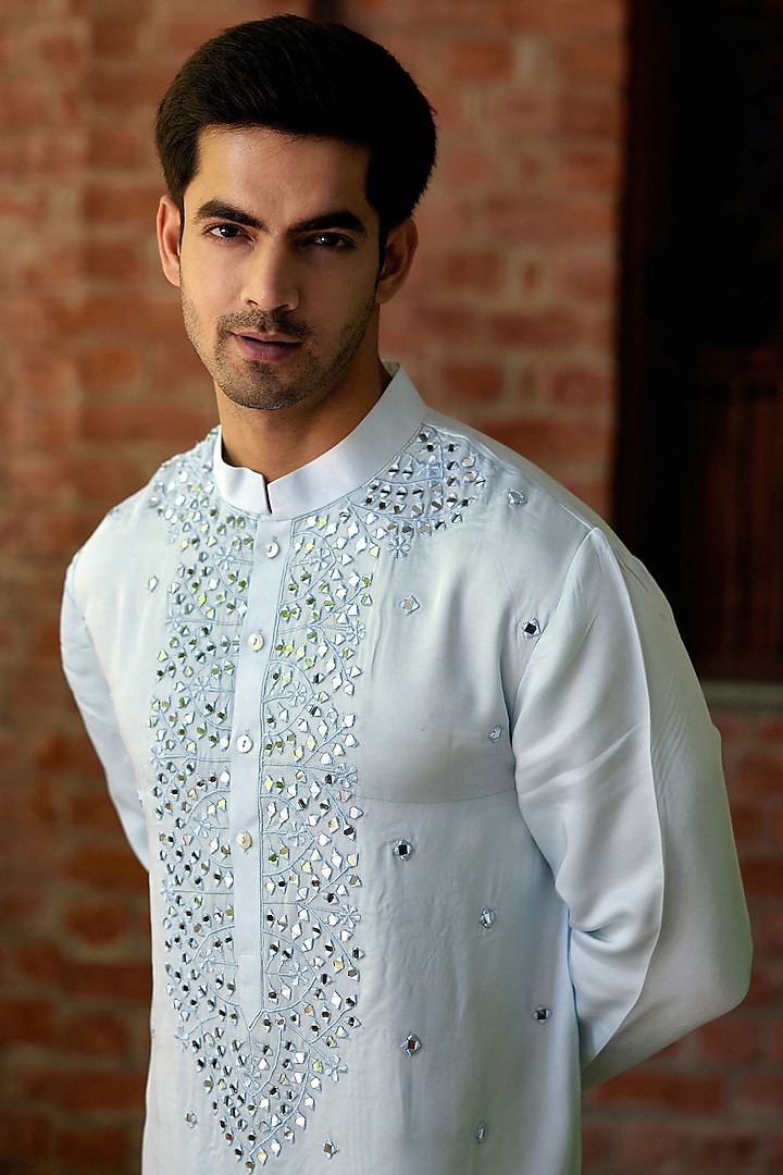 Powder Blue Pashmina Silk Satin Embroidered Kurta Set by Ankit V Kapoor at Pernia's Pop Up Shop