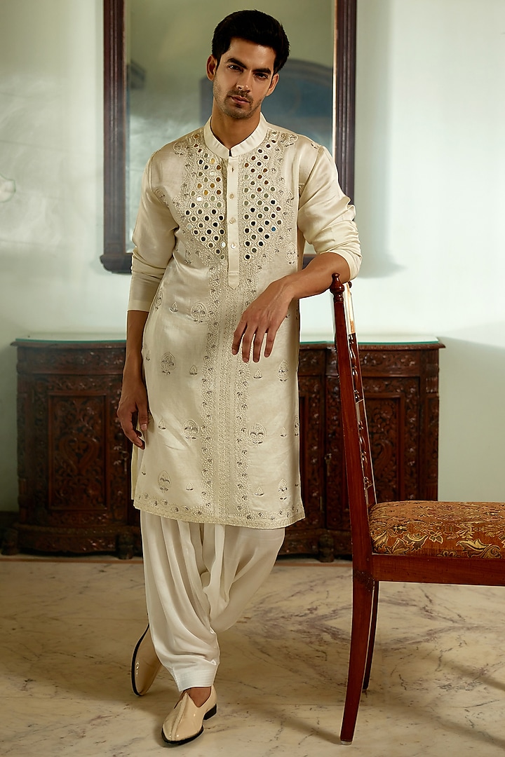 Ivory Linen Cotton Silk Embroidered Kurta Set  by Ankit V Kapoor