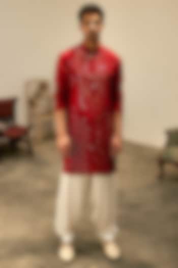 Sindoor Red Linen Cotton Silk Embroidered Kurta Set  by Ankit V Kapoor