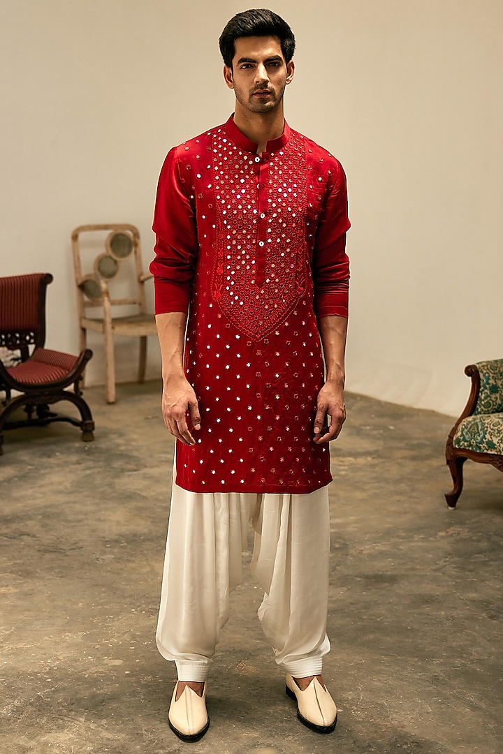 Sindoor Red Linen Cotton Silk Embroidered Kurta Set  by Ankit V Kapoor