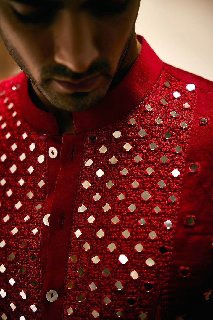 Sindoor Red Linen Cotton Silk Embroidered Kurta Set by Ankit V Kapoor at Pernia's Pop Up Shop