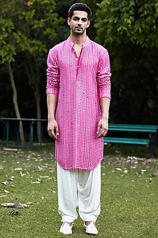 Rani Pink Cotton Silk & Georgette Embroidered Kurta Set  by Ankit V Kapoor