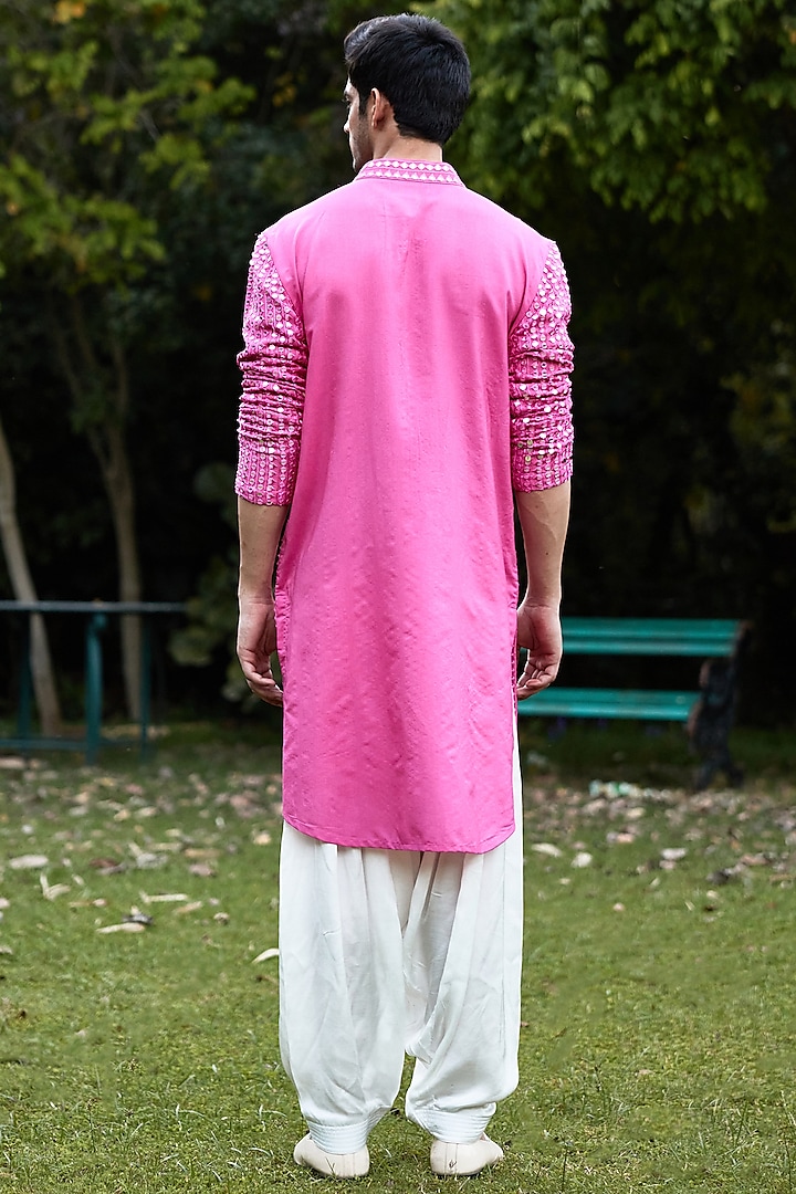 Rani Pink Cotton Silk & Georgette Embroidered Kurta Set by Ankit V Kapoor at Pernia's Pop Up Shop