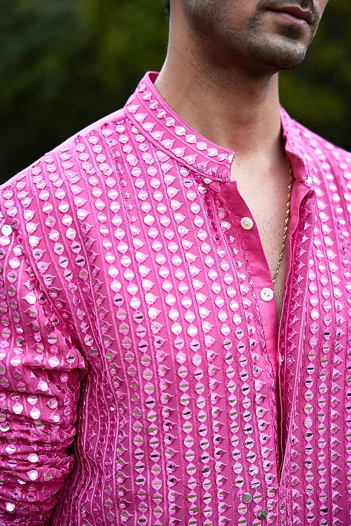 Rani Pink Cotton Silk & Georgette Embroidered Kurta Set by Ankit V Kapoor at Pernia's Pop Up Shop