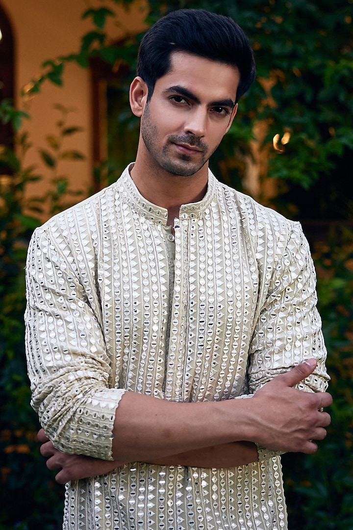 Mint Green Cotton Silk & Georgette Embroidered Kurta Set by Ankit V Kapoor at Pernia's Pop Up Shop