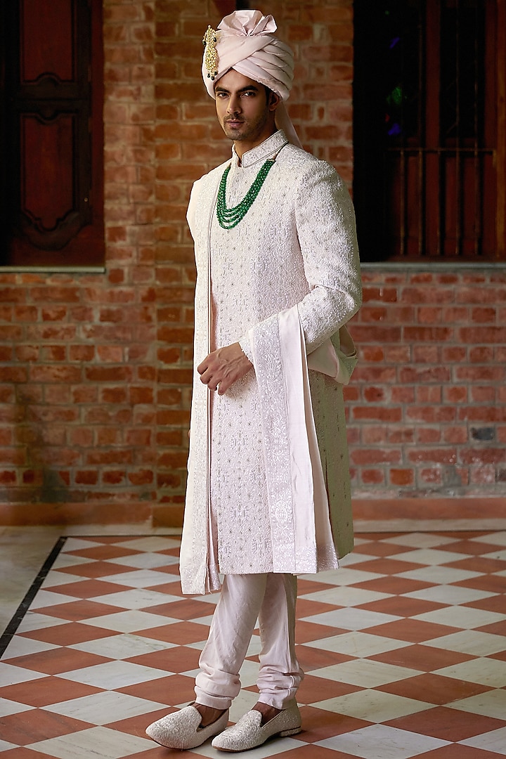 Soft Pink Cotton & Silk Embroidered Sherwani Set by Ankit V Kapoor