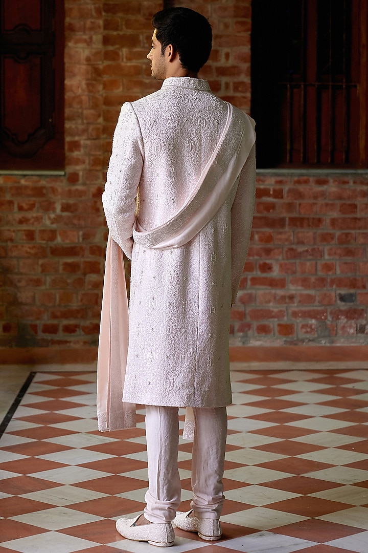Soft Pink Cotton & Silk Embroidered Groom Sherwani Set by Ankit V Kapoor at Pernia's Pop Up Shop