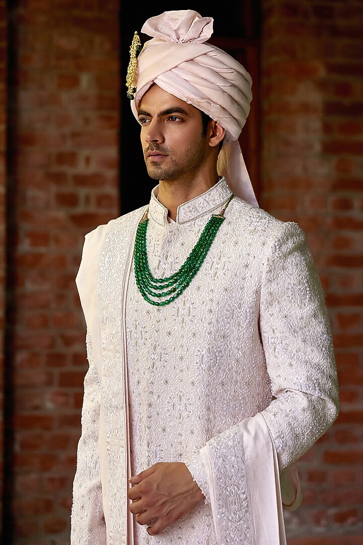 Soft Pink Cotton & Silk Embroidered Groom Sherwani Set by Ankit V Kapoor at Pernia's Pop Up Shop