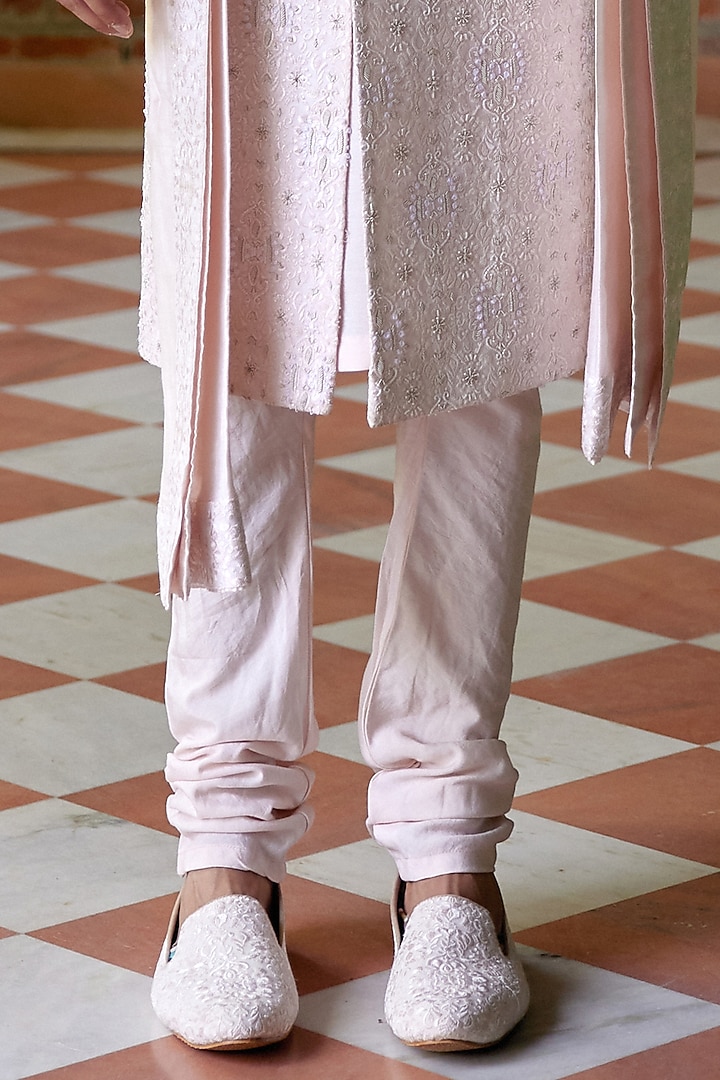 Soft Pink Cotton & Silk Embroidered Groom Sherwani Set by Ankit V Kapoor at Pernia's Pop Up Shop