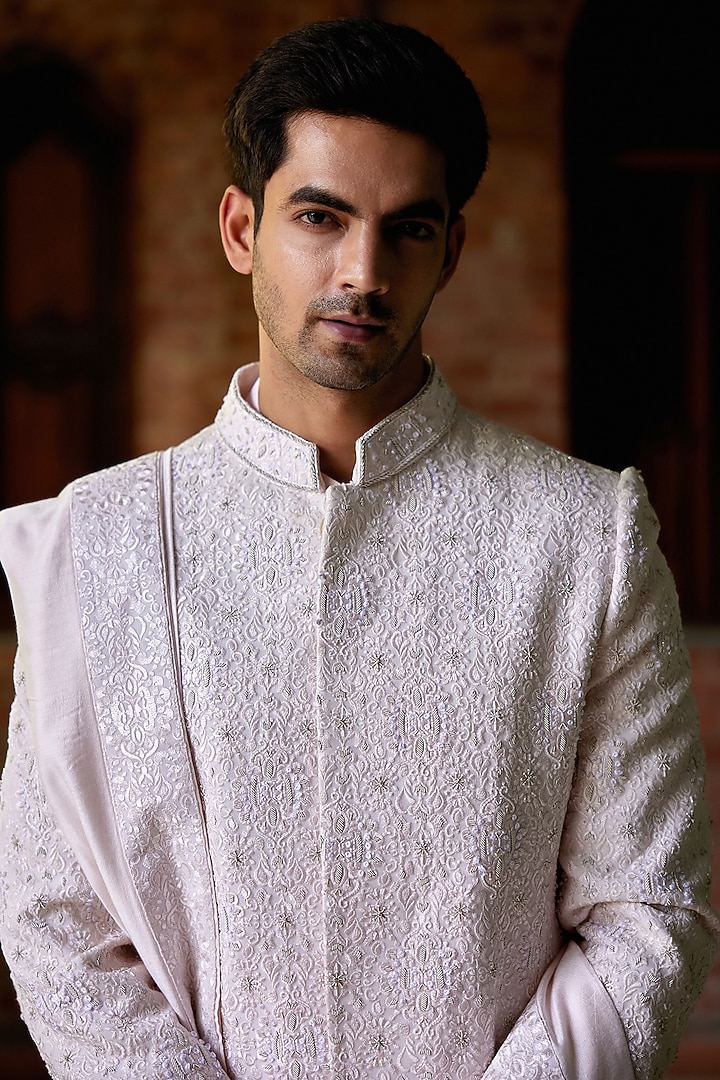 Soft Pink Cotton & Silk Embroidered Groom Sherwani Set by Ankit V Kapoor at Pernia's Pop Up Shop