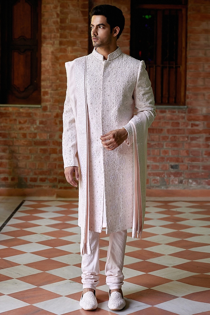 Soft Pink Cotton & Silk Embroidered Groom Sherwani Set by Ankit V Kapoor at Pernia's Pop Up Shop