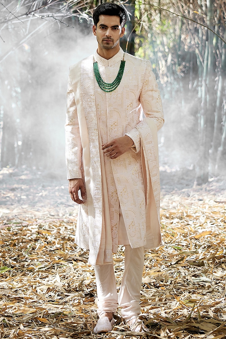 Powder Pink Cotton & Silk Embroidered Sherwani Set by Ankit V Kapoor