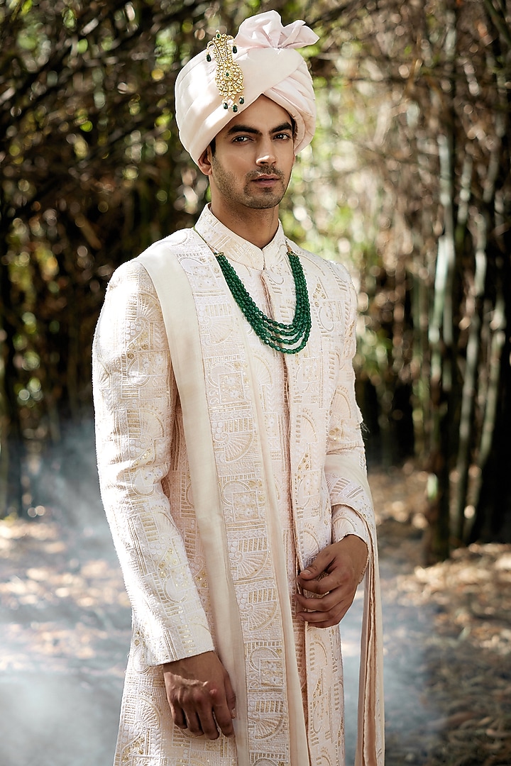 Powder Pink Cotton & Silk Embroidered Groom Sherwani Set by Ankit V Kapoor at Pernia's Pop Up Shop