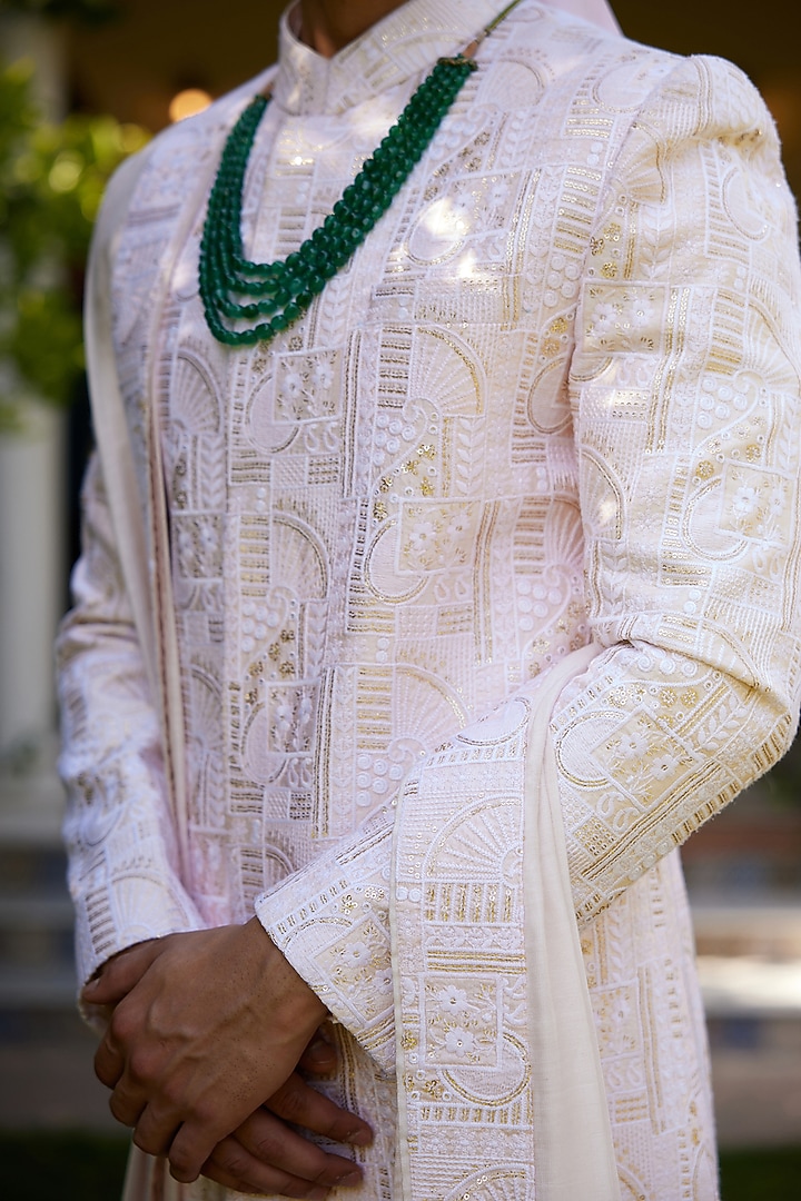 Powder Pink Cotton & Silk Embroidered Groom Sherwani Set by Ankit V Kapoor at Pernia's Pop Up Shop