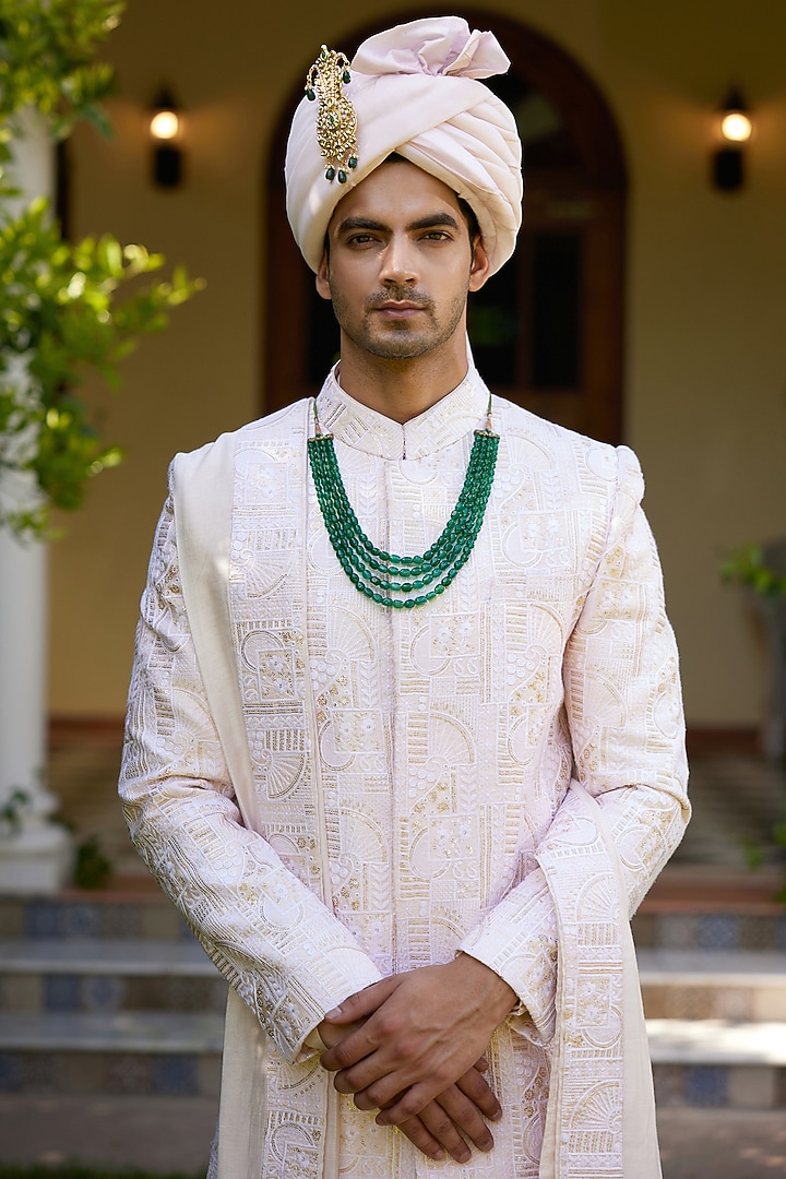Powder Pink Cotton & Silk Embroidered Groom Sherwani Set by Ankit V Kapoor at Pernia's Pop Up Shop