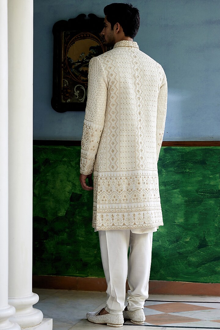 Off-White Cotton Silk Hand & Machine Embroidered Groom Sherwani Set by Ankit V Kapoor at Pernia's Pop Up Shop