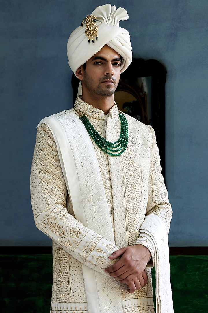 Off-White Cotton Silk Hand & Machine Embroidered Groom Sherwani Set by Ankit V Kapoor at Pernia's Pop Up Shop