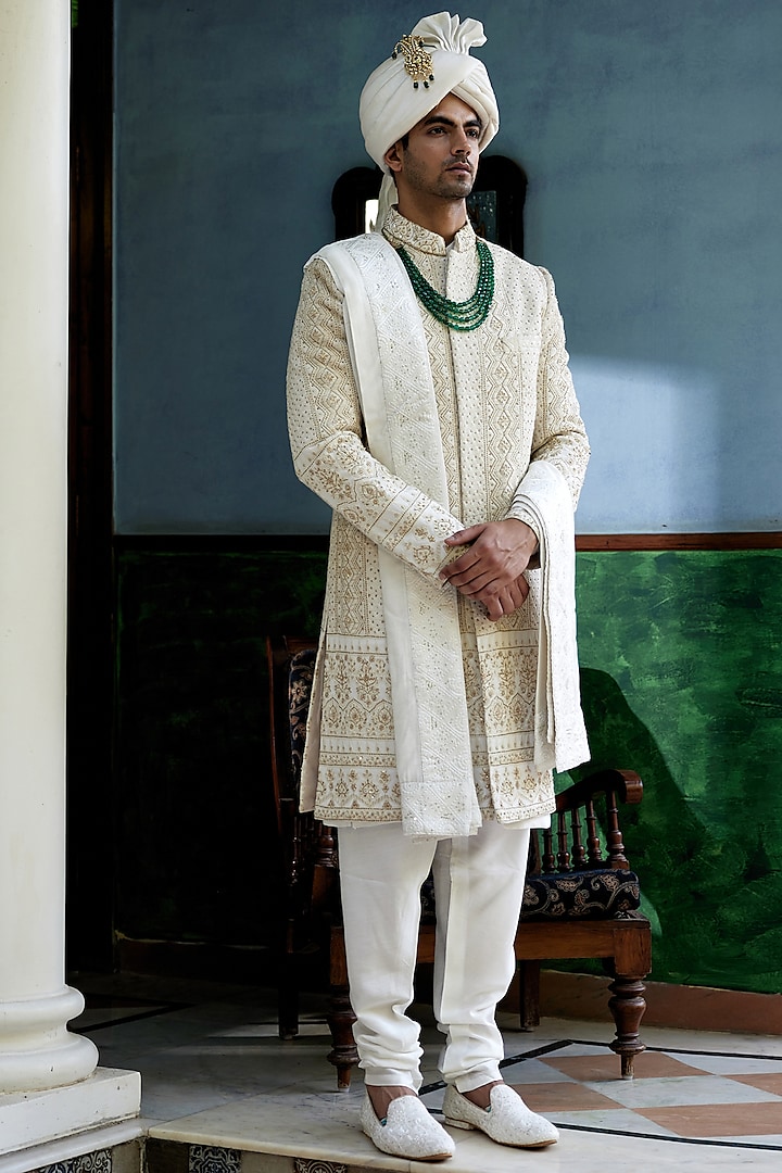Off-White Cotton Silk Hand & Machine Embroidered Groom Sherwani Set by Ankit V Kapoor at Pernia's Pop Up Shop
