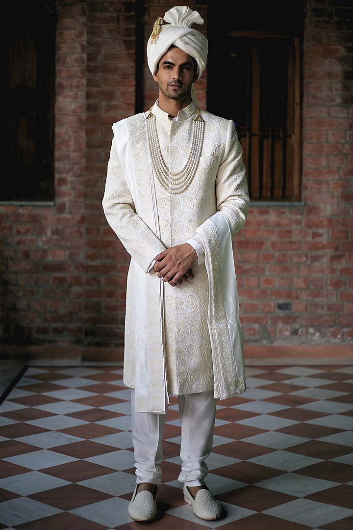 Ivory Cotton & Silk Embroidered Sherwani Set by Ankit V Kapoor