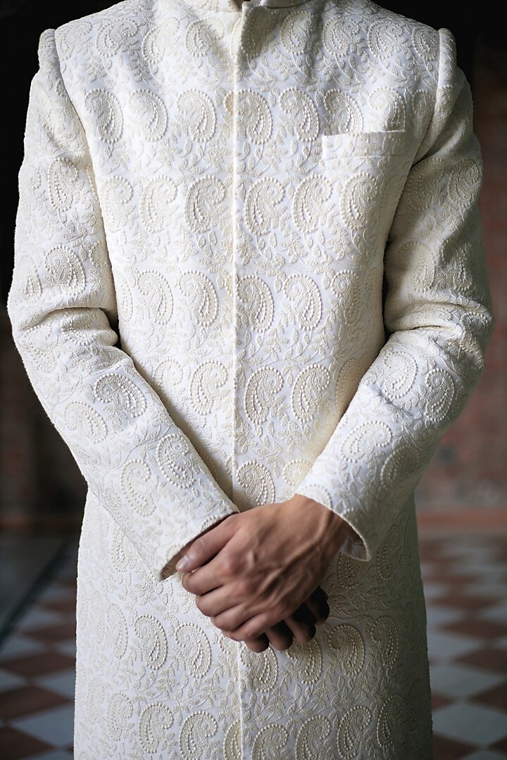 Ivory Cotton & Silk Embroidered Groom Sherwani Set by Ankit V Kapoor at Pernia's Pop Up Shop