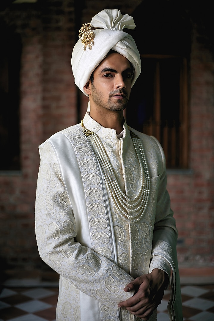 Ivory Cotton & Silk Embroidered Groom Sherwani Set by Ankit V Kapoor at Pernia's Pop Up Shop